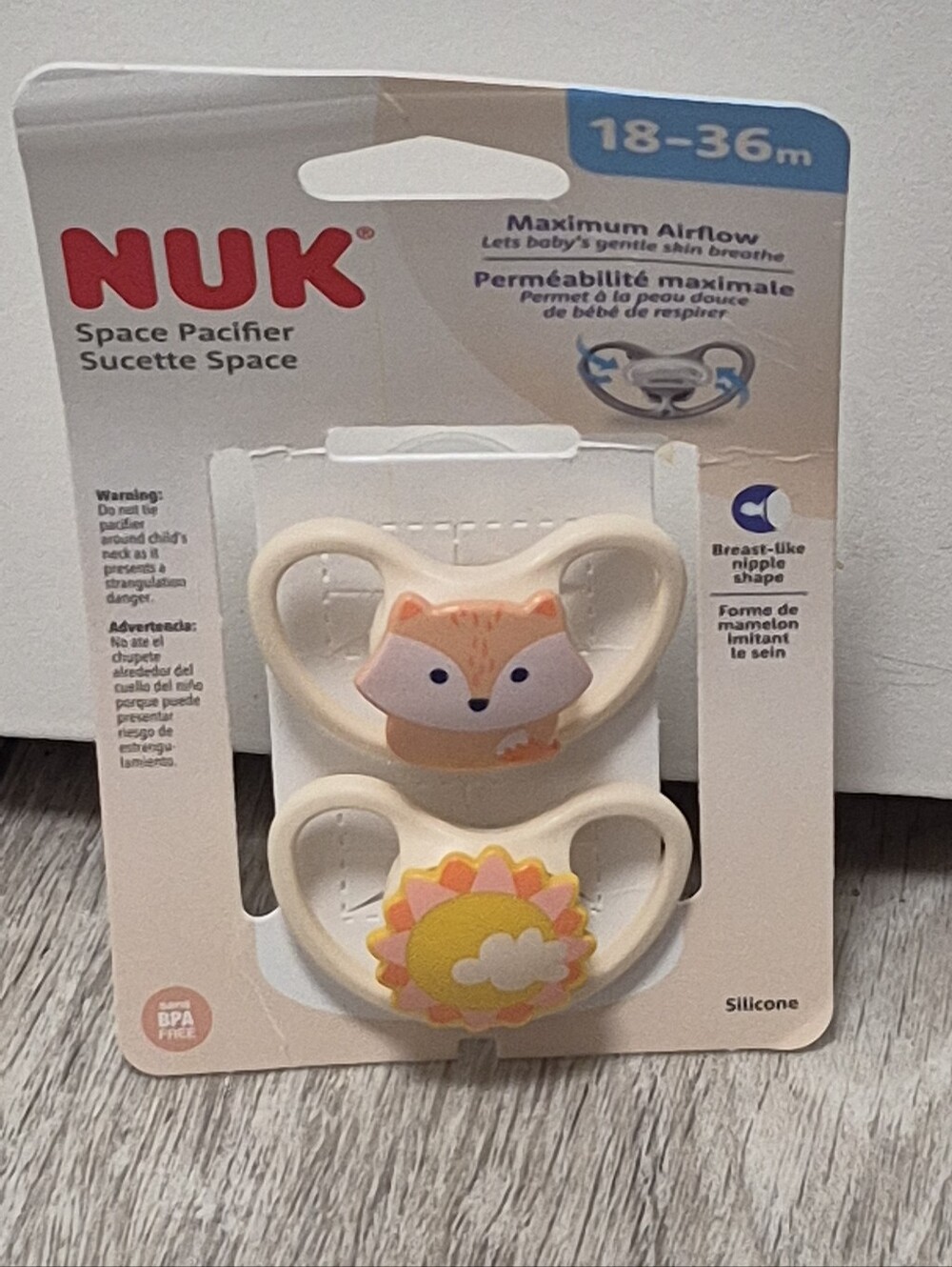 NUK Fox & Sunflower Space Pacifier 18-36 months 2 Count Orange/Yellow & Cream